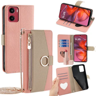 Voor Motorola Moto G05 4G hoesje met spiegel, portemonnee, lederen telefoonhoes met ketting schouderriem - Roze