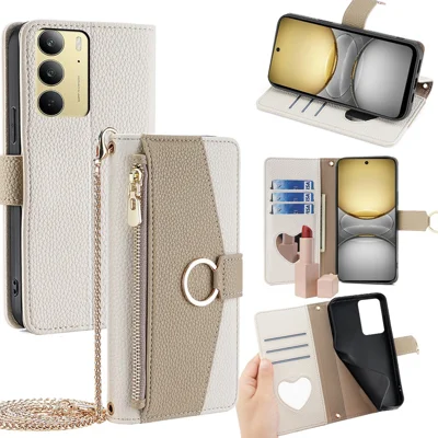 For Realme C75 4G / 14x 5G Case Mirror Wallet Leather Phone Cover with Chain Shoulder Strap - White