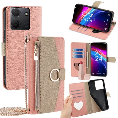 For TCL 503 Case Mirror Wallet Leather Phone Cover with Chain Shoulder Strap - Pink