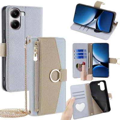 Portefeuillehoesje voor Xiaomi Redmi Turbo 4 5G / Poco X7 Pro 5G, spiegel lederen telefoonhoesje met ketting schouderriem - Blauw