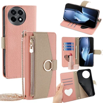For OnePlus Ace 5 5G / 5 Pro 5G Case Mirror Wallet Leather Phone Cover with Chain Shoulder Strap - Pink