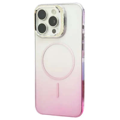 For iPhone 16 Pro Max Magnetic Case Gradient Color Hard PC Phone Cover Camera Lens Frame Kickstand - Pink