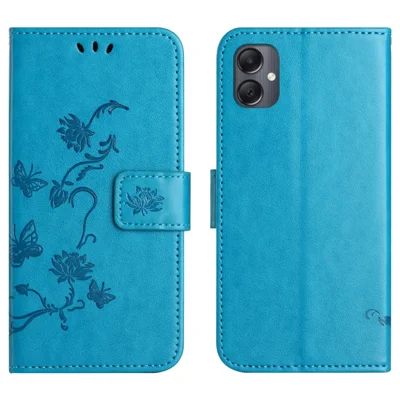 For Samsung Galaxy A07 4G / A06 5G / A06 4G Case Wallet Stand Imprinted Butterfly Flower PU Leather Phone Cover - Blue