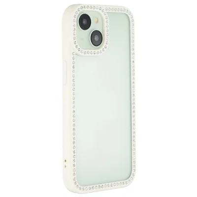 For iPhone 15 Case Sparkling Rhinestone Decor TPU + PC Clear Phone Back Cover - White