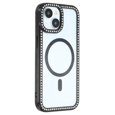 Til iPhone 15 Skærm Etui Kompatibel med MagSafe med Skinende Strassdekoration TPU + PC Klar Bagside - Sort