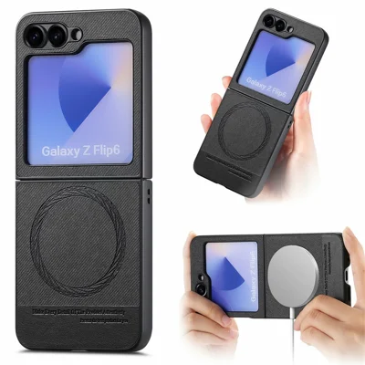 For Samsung Galaxy Z Flip7 FE 5G / Z Flip6 5G Magnetic Case Denim Texture Leather Back Cover - Black