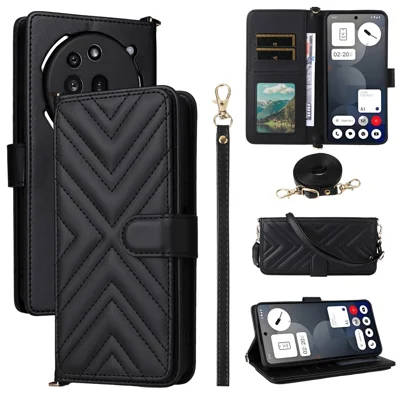 For Nothing Phone (3a) Pro Wallet Case with Shoulder / Wrist Strap Leather Phone Cover Stand - Black