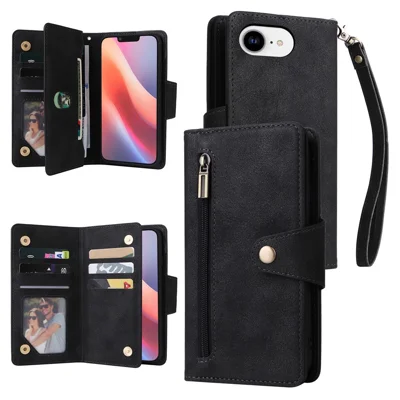 For iPhone 16e Hoesje met Rits Portemonnee Leren Standhoes Rivet Decor - Zwart