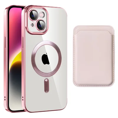 For iPhone 15 Plus Case Compatible with MagSafe TPU + PC Mobile Cover with Card Bag - Pink