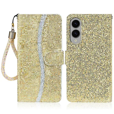 For Samsung Galaxy S25 Edge Case PU Leather Wallet Card Slots Glitter Phone Cover - Gold