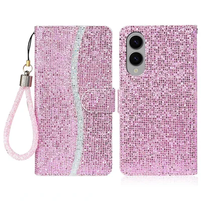 For Samsung Galaxy S25 Edge Case PU Leather Wallet Card Slots Glitter Phone Cover - Pink