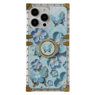 For iPhone 16 Pro Max Case Stylish Flower Butterfly Pattern Ring Kickstand TPU + PC Phone Cover - Blue