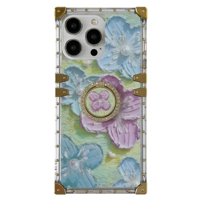 Voor iPhone 16 Pro hoesje Stijlvol bloemen- en vlindermotief met ringstandaard TPU + PC telefoonhoesje - Roze / Blauw
