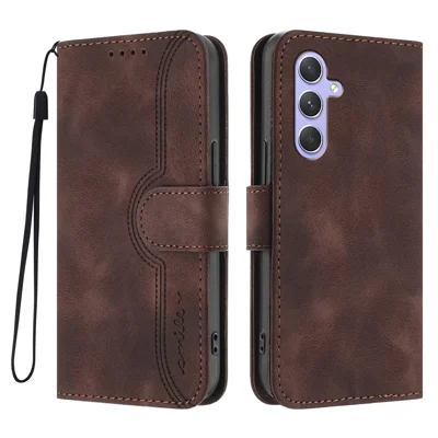 For Samsung Galaxy A55 5G Leather Case Wallet Stand Smile Imprinted Phone Cover with Strap - Coffee