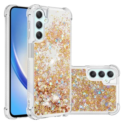 For Samsung Galaxy A25 5G (Global) (161.0 x 76.5 x 8.3mm) TPU Case Glitter Quicksand Shockproof Phone Back Cover - Gold / Hearts