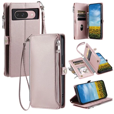 For Google Pixel 10 Pro / 10 / 9 Pro / 9 Case TPU + PU Leather Wallet Phone Cover with Wrist Strap - Rose Gold