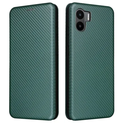 Folia PU z kieszenią na kartę i podstawką dla Xiaomi Redmi A1 4G / A2 4G, etui typu flip z fakturą węglową i magnesem – zielony