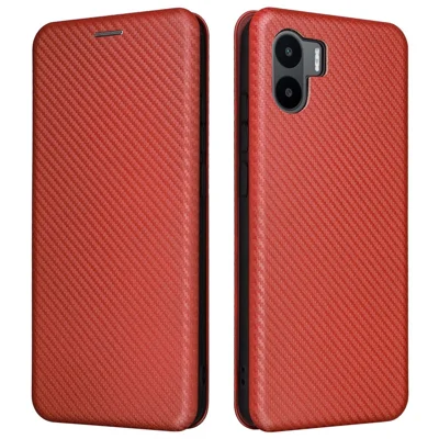 Til Xiaomi Redmi A1 4G / A2 4G PU-læder hylse med kortplads og ståfunktion - Carbonfiberstruktur med magnetisk lukning - Brun