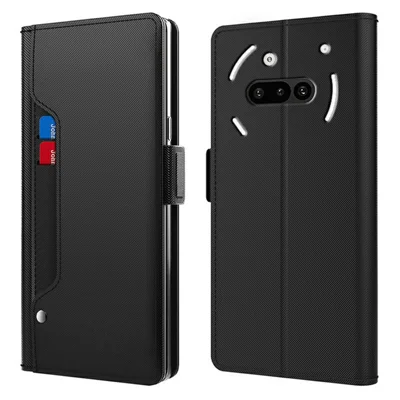 For Nothing Phone (3a) Case Stand PU Leather Phone Cover Card Holder Mirror - Black