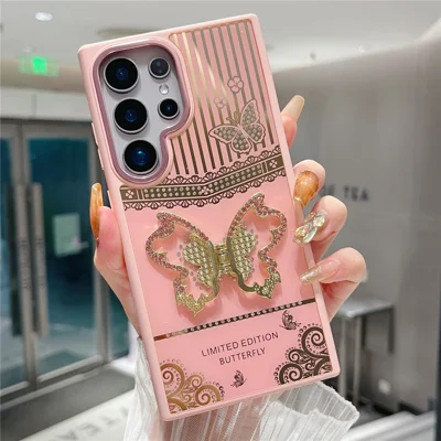 Samsung Galaxy S25 Ultra-hoesje met vlinderstandaarde TPU + PC achterkant met strassversiering - Roze