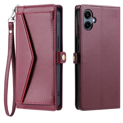 For Samsung Galaxy A06 5G Leather Case with Wrist Strap Wallet Stand Phone Cover - Wine Red