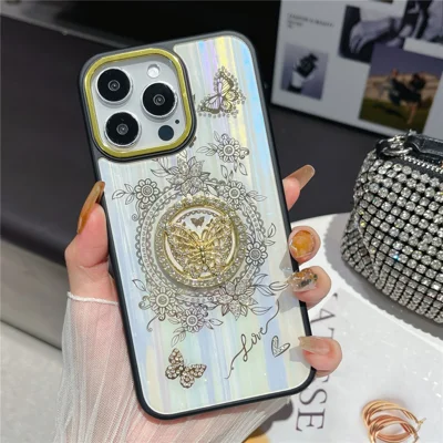 For iPhone 16 Pro Max Case Aurora Butterfly Pattern TPU + PC Phone Back Cover with Kickstand - White