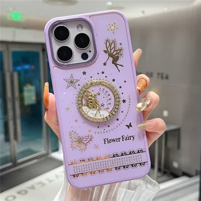 For iPhone 16 Pro Max Case Flower Fairy Pattern TPU + PC Phone Back Cover with Kickstand - Purple