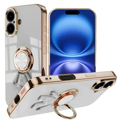 For iPhone 16 Plus Case with Astronaut Ring Kickstand 6D Electroplating TPU Phone Cover - White