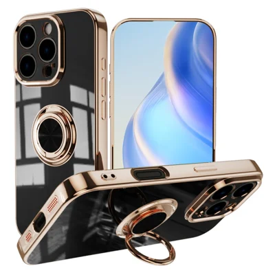 For iPhone 16 Pro Max Case Precise Cutouts 6D Electroplating TPU Phone Cover with Ring Holder - Black