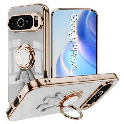 For Google Pixel 9 Pro XL Case with Astronaut Ring Kickstand 6D Electroplating TPU Phone Cover - White
