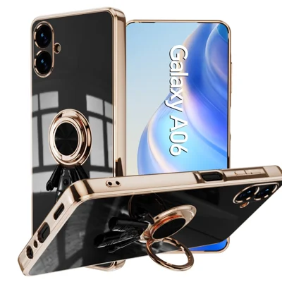 For Samsung Galaxy A06 4G Case with Astronaut Ring Kickstand 6D Electroplating TPU Phone Cover - Black
