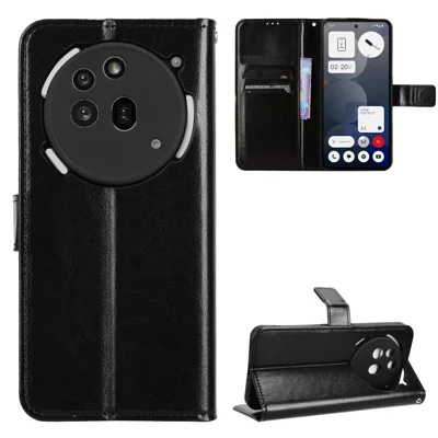 For Nothing Phone (3a) Pro PU Leather Case with Strap Crazy Horse Texture Phone Wallet Cover - Black