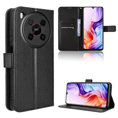 For ZTE Blade V70 Max Leather Wallet Case with Strap Diamond Texture Phone Cover - Black