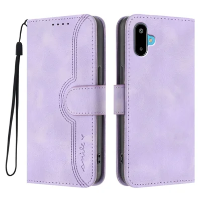 For Samsung Galaxy M06 5G / Galaxy F06 5G Leather Case Wallet Stand Smile Imprinted Phone Cover with Strap - Purple