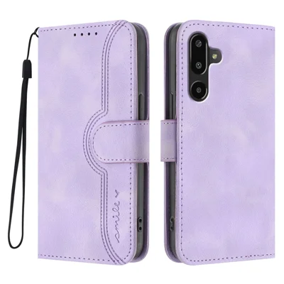 For Samsung Galaxy M16 5G / Galaxy F16 5G Læderet Task Case med Ståfunktion og Smilprintet Dæksel med Rem - Lilla