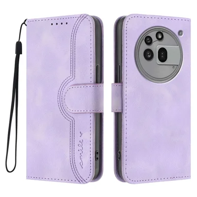 For Nothing Phone (3a) Pro Leather Case Wallet Stand Smile Imprinted Phone Cover with Strap - Purple