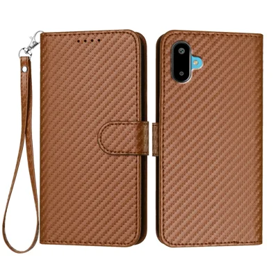 For Samsung Galaxy M06 5G / Galaxy F06 5G Wallet Case with Strap Carbon Fiber Texture Leather Mobile Cover - Coffee