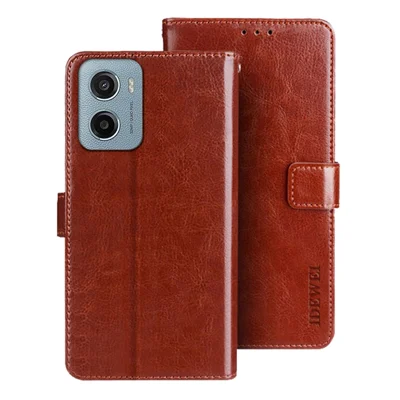 IDEWEI For Motorola Moto E15 4G Stand Case Crazy Horse Texture Leather Phone Cover - Brown