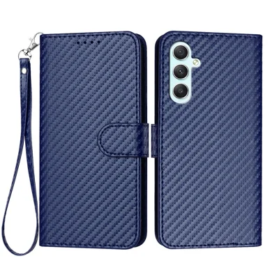 For Samsung Galaxy A35 5G Wallet Case with Strap Carbon Fiber Texture Leather Mobile Cover - Royal Blue