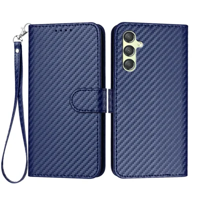 For Samsung Galaxy A24 4G (162.1 x 77.6 x 8.3mm) Wallet Case with Strap Carbon Fiber Texture Leather Mobile Cover - Royal Blue