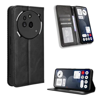 For Nothing Phone (3a) Pro Retro PU Leather Case Phone Wallet Stand Cover - Black