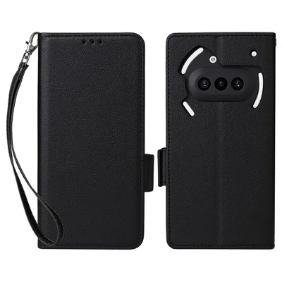 For Nothing Phone (3a) Case with Wrist Strap Litchi Texture PU Leather Wallet Phone Cover - Black