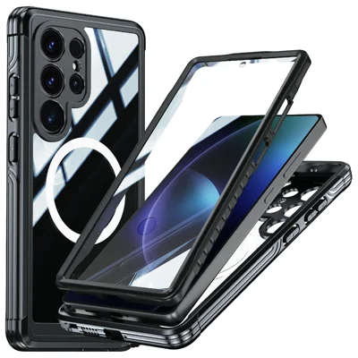 For Samsung Galaxy S25 Ultra Magnetic Case PC + TPU Phone Cover with Tempered Glass Screen Film - Black