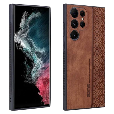 AZNS For Samsung Galaxy S22 Ultra 5G Imprinted Pattern PU Leather + TPU Case Drop-proof Cell Phone Protective Cover - Brown