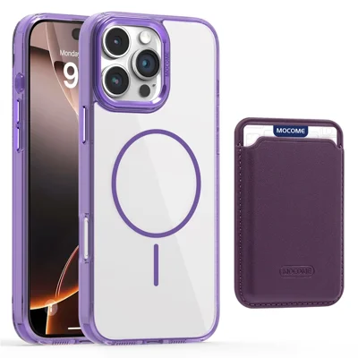 For iPhone 16 Pro Max Magnetic Case Compatible with MagSafe TPU + PC Phone Cover with Card Bag - Transparent Purple