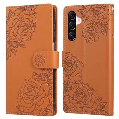 Samsung Galaxy A56 5G-hoesje met rozenmotief, bruin portemonnee-hoesje van PU-leer met 3 kaartslots