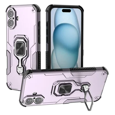 For iPhone 16 Plus Case Rotatable Ring Kickstand PC + TPU Shockproof Phone Cover - Purple