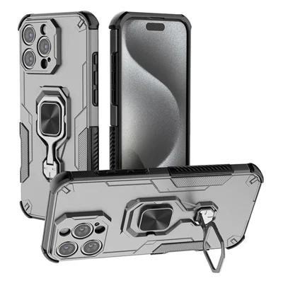 For iPhone 16 Pro Max Case Rotatable Ring Kickstand PC + TPU Shockproof Phone Cover - Titanium Grey