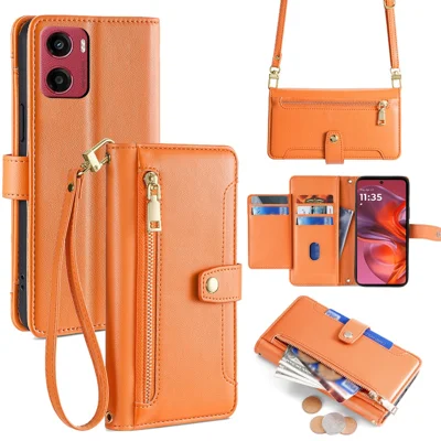 For Motorola Moto G05 4G Case Zipper Pocket Wallet Leather Phone Cover with 2 Straps - Orange
