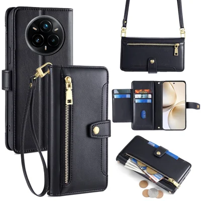 For Realme 14 Pro+ 5G Case Zipper Pocket Wallet Leather Phone Cover with 2 Straps - Black